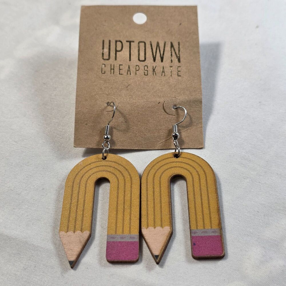 Teacher Pencil Dangle Earrings Wood Arch Rainbow Back to School Gift Novelty NWT
